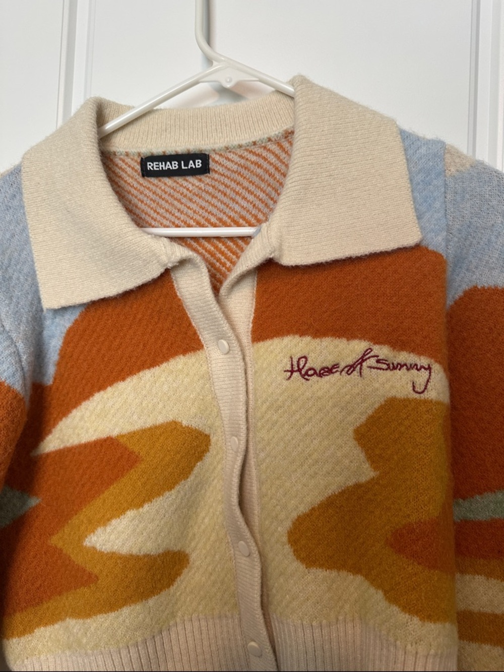 Rehab Lab Cropped Collared Cardigan in Cream, Rust, Light Blue and Mustard - Picture 2 of 3
